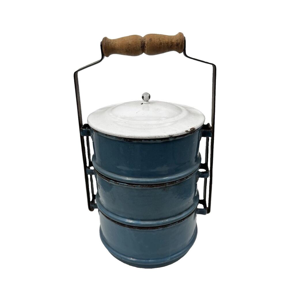 Vintage Iron & Enamelware Tiffen Food Carrier Blue White Lid 3 Compartments
